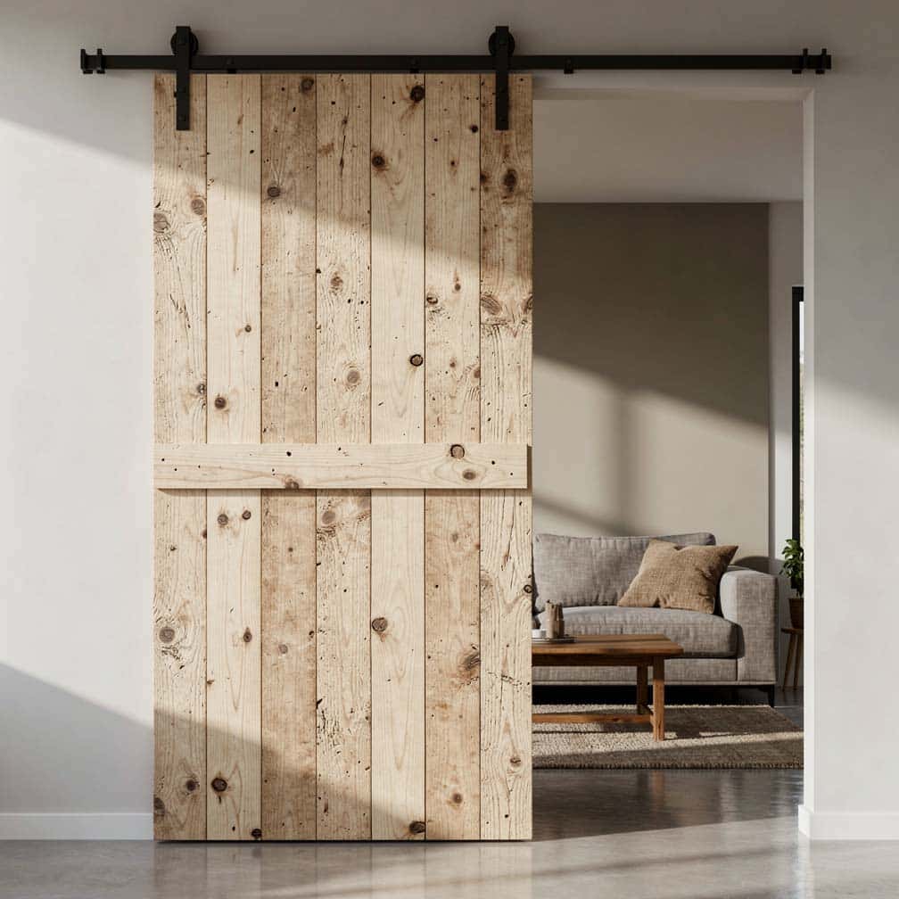 DIY rustic sliding panel made from parallel-joined lumber planks with a horizontal brace and raw wood surface