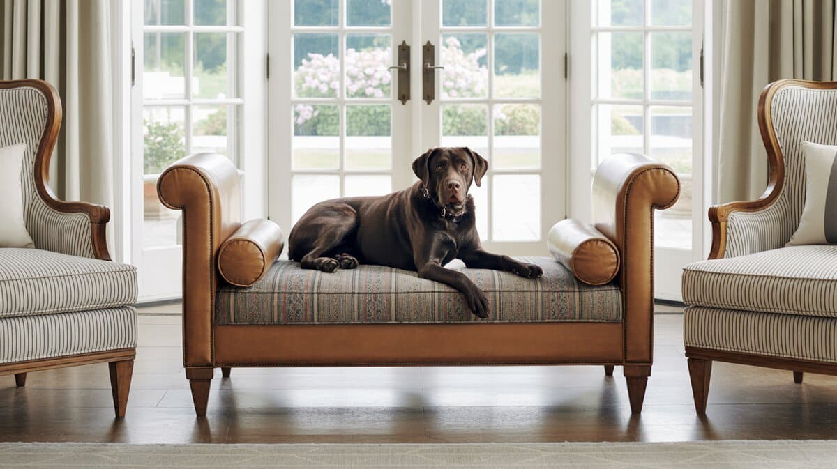 Dog sofa bench in faux leather by French door with garden view and labrador