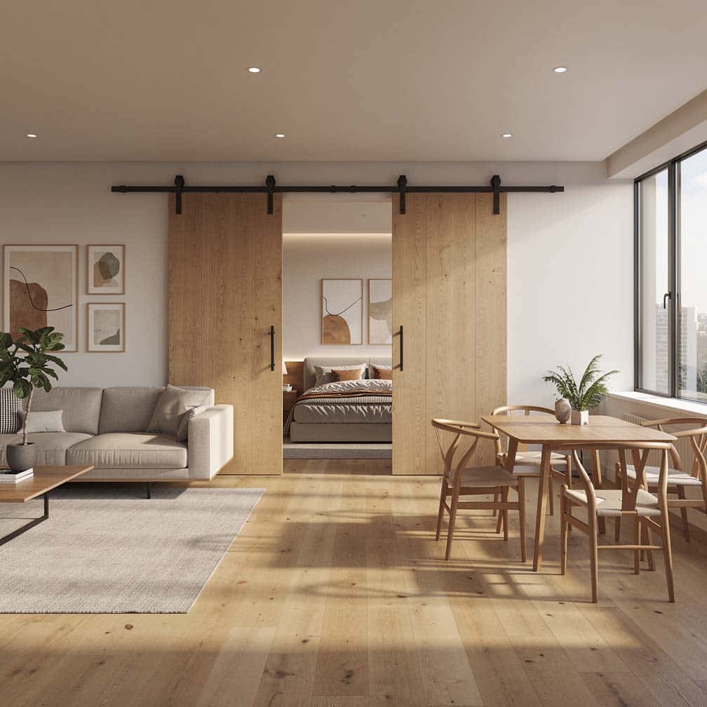 Large double barn doors dividing a bedroom from the common living area in an apartment