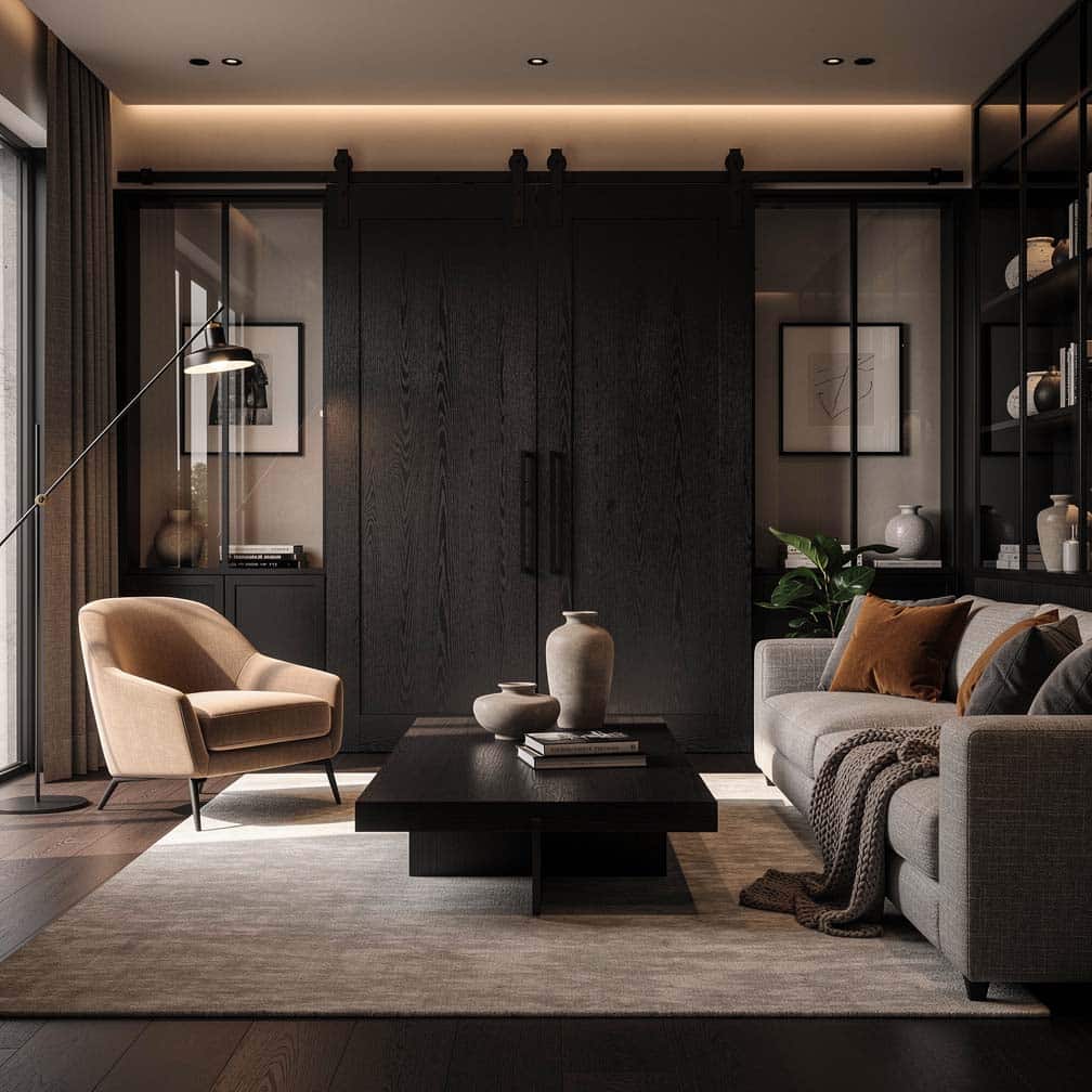 Living room with an ebony-stained sliding panel in near-black finish that matches the dark wood coffee table