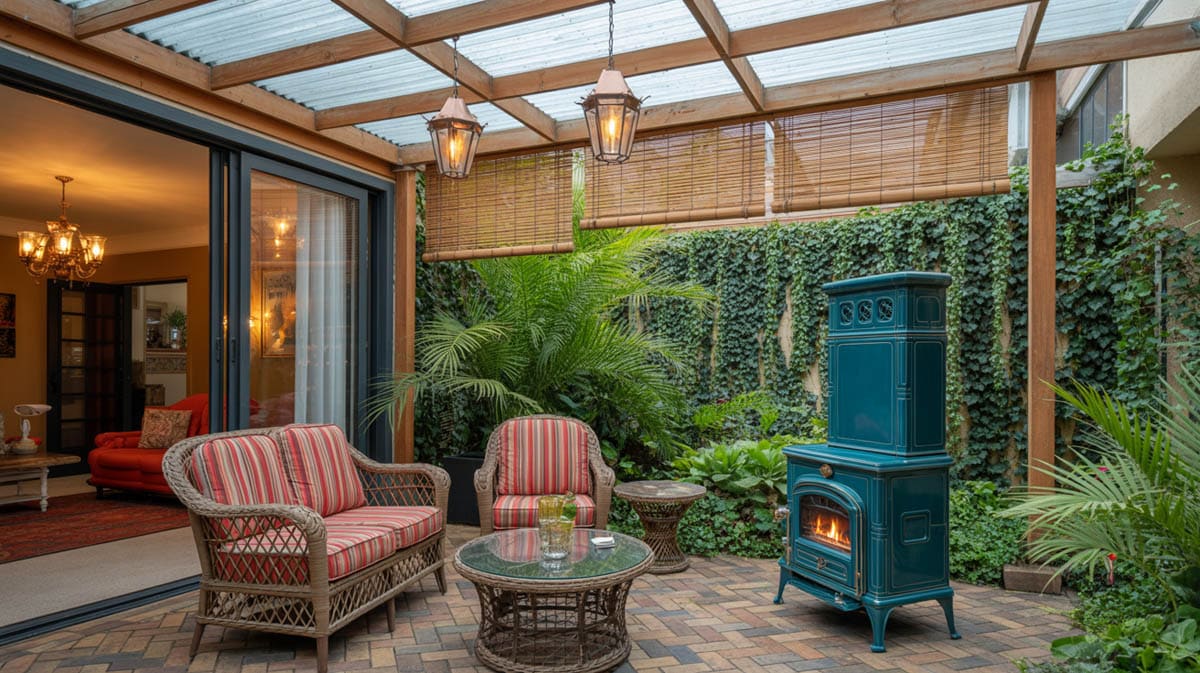 Enclosed patio with bamboo roller shades, wicker chairs with striped cushions, and teal freestanding fireplace