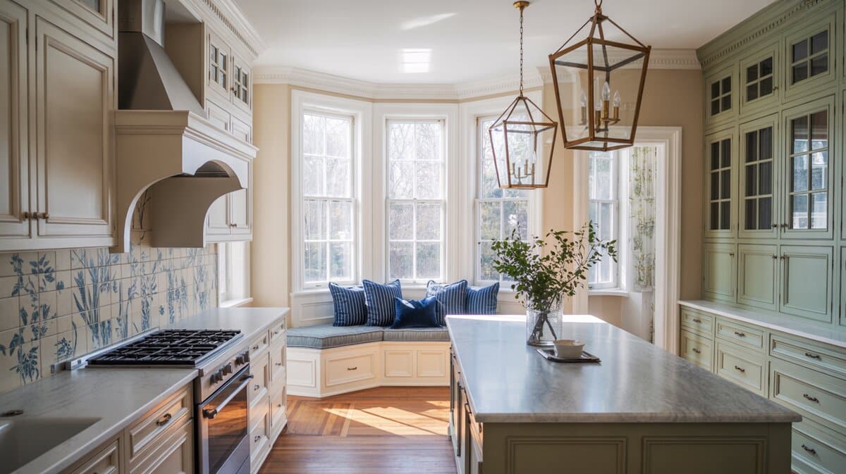 Elegant kitchen bay window seat nook with blue cushion and gold lanterns