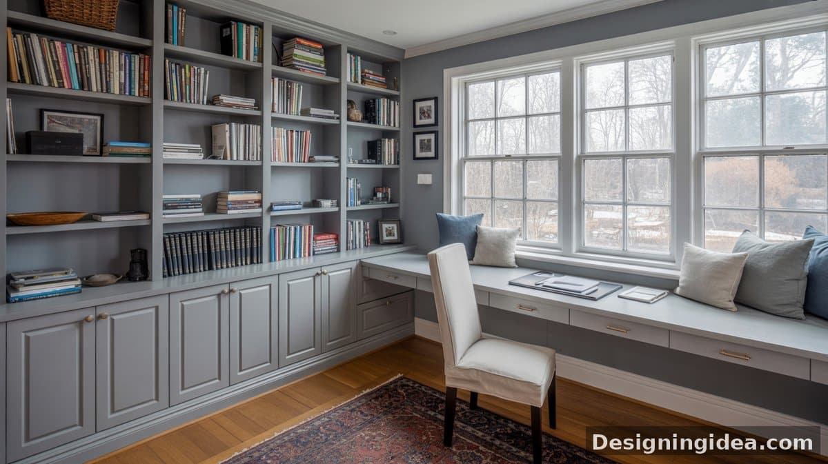 Gray built-in bookcases lined with books flank a wide window seat with cushions, a white upholstered chair, and a Persian rug on hardwood floors.