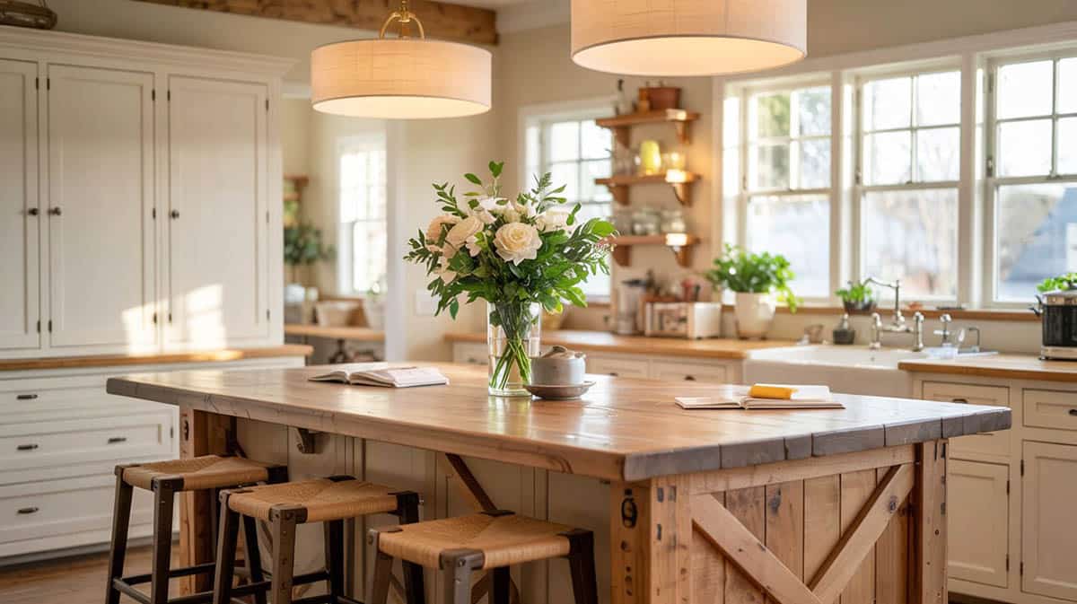 Farmhouse kitchen with wood island with crossbuck sides and bar stools