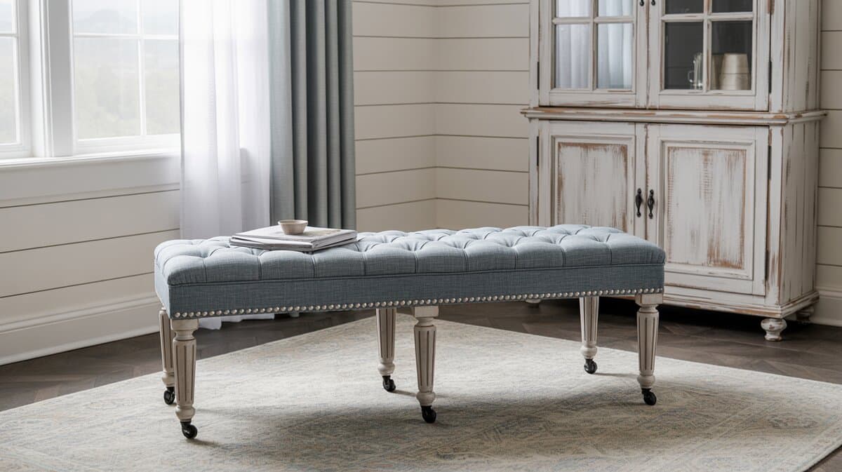 Farmhouse tufted bench with blue linen, nailhead trim, shiplap wall and casters