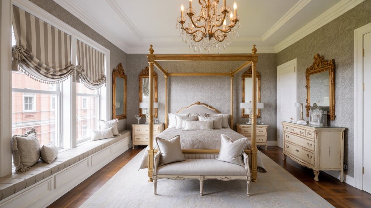 Formal master bedroom window seat with Roman shades, chandelier and canopy bed
