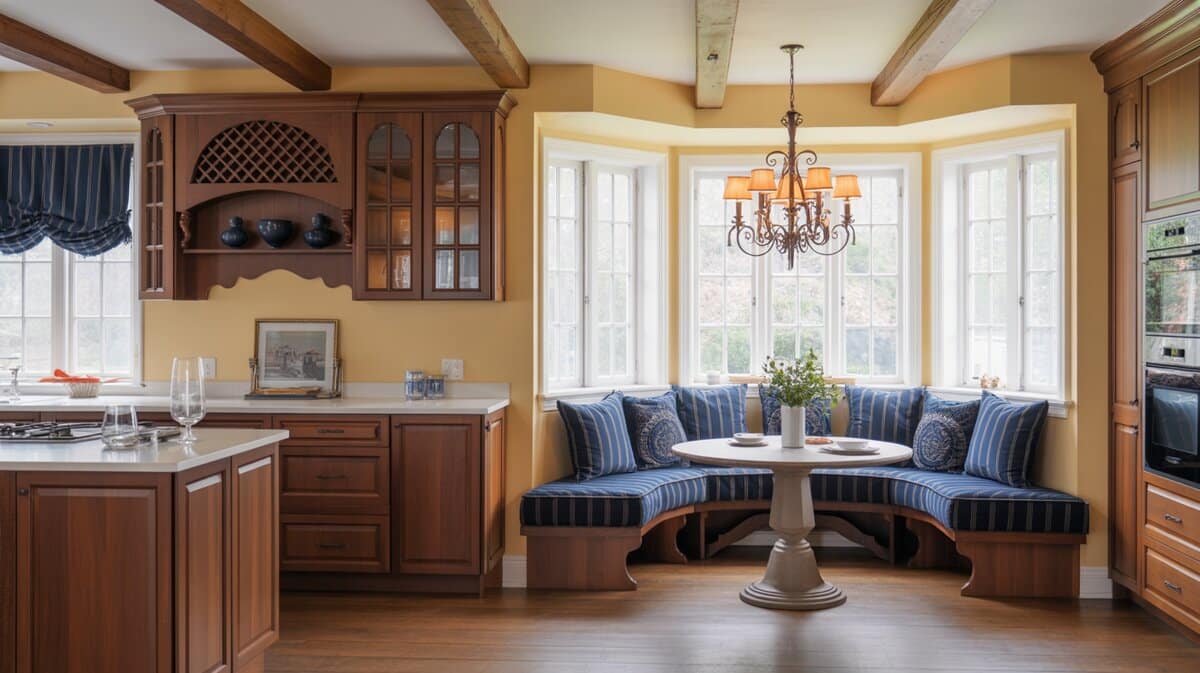 French country kitchen bay window banquette with striped pillows and ceiling beams