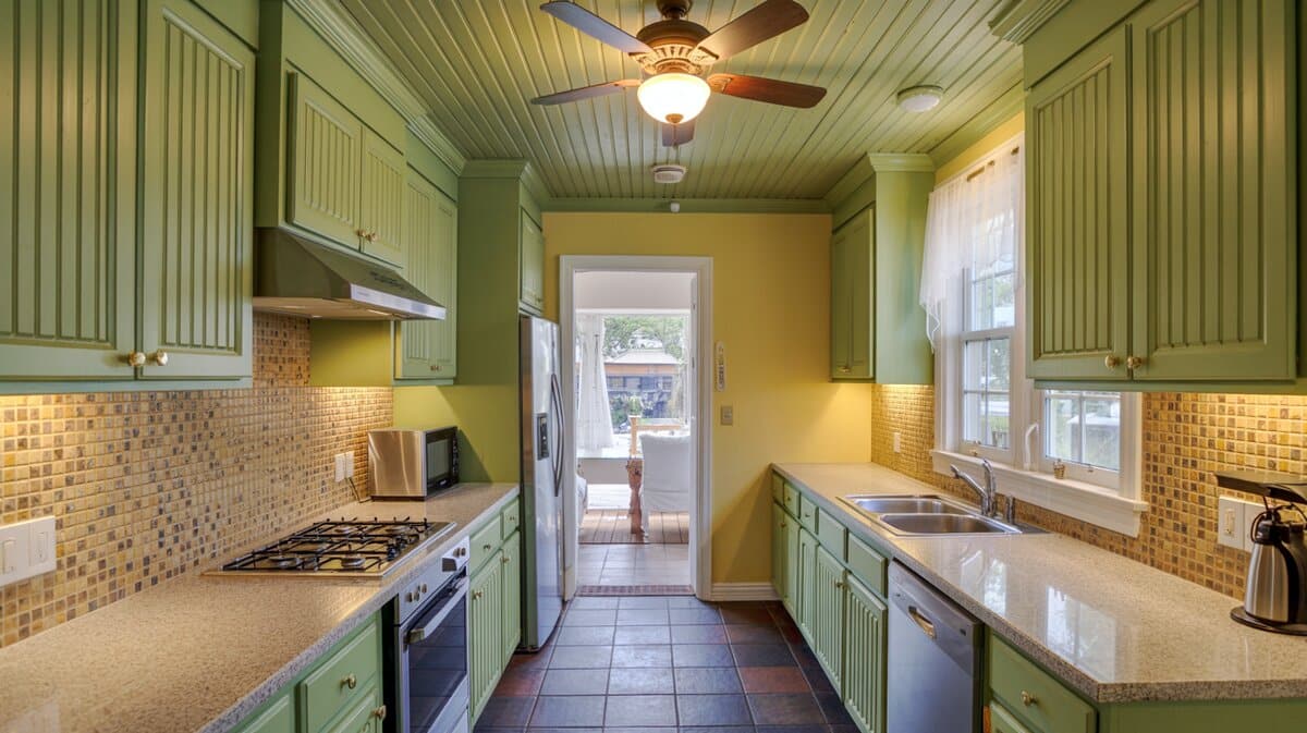 Galley kitchen with sage green cabinets beadboard ceiling and pass through window to patio