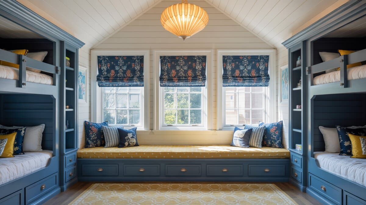 Girls bedroom yellow window bench with shiplap ceiling and shell chandelier