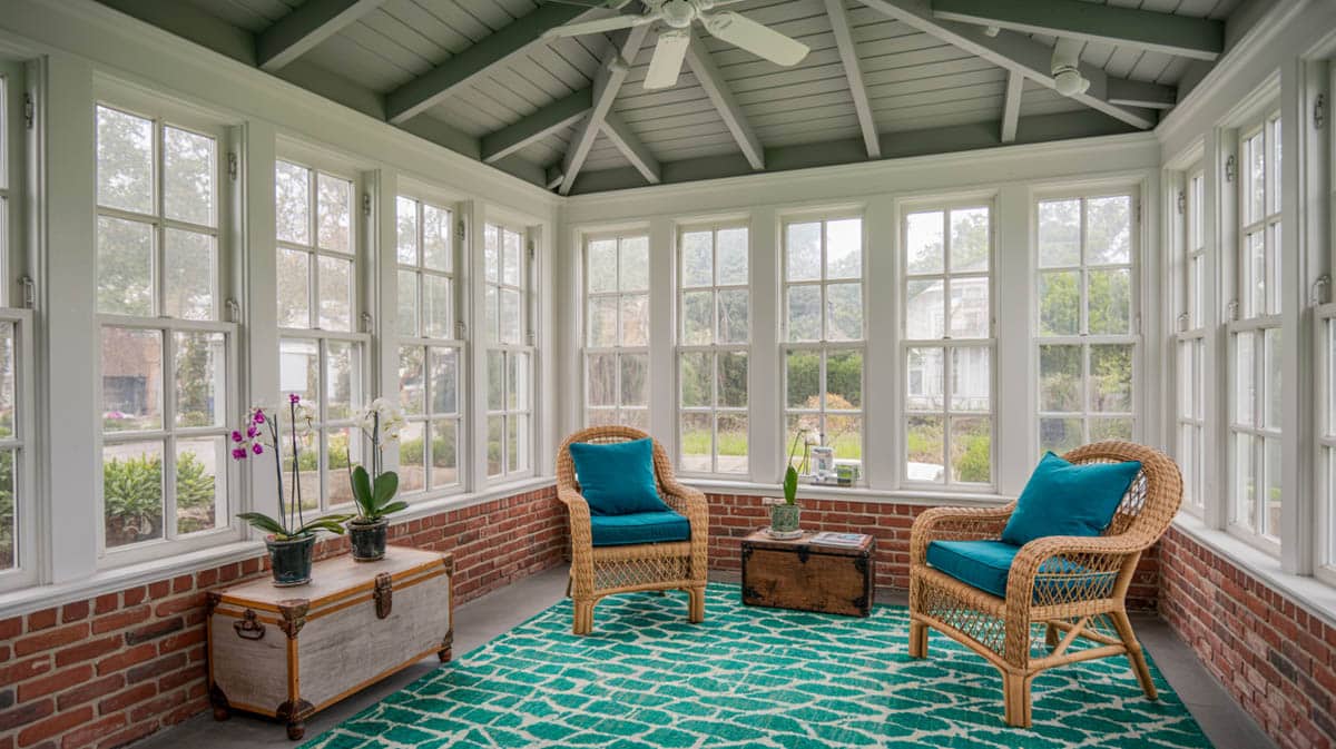 Rattan chairs with teal cushions inside sunroom with brick knee wall and teal geometric rug