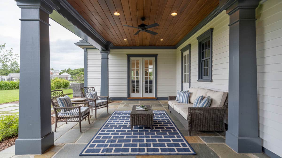 Covered porch with dark wood ceiling, ceiling fan, wicker furniture with gray cushions, and navy geometric rug
