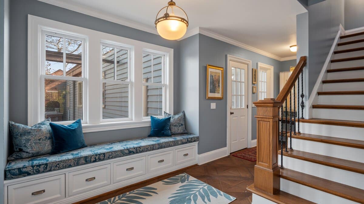 Gray entryway with white storage bench, drawers, blue cushions and staircase
