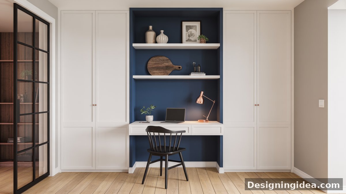 Light gray and white shaker cabinets form a corner desk with white quartz surfaces, a tan leather task chair, and a sports photo gallery wall on dark hardwood.