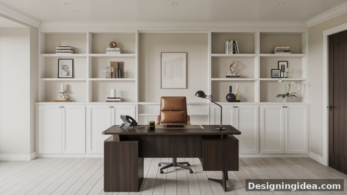 Greige open shelving with lower shaker cabinets frames a dark executive desk and tan leather chair on white plank floors with recessed lighting.