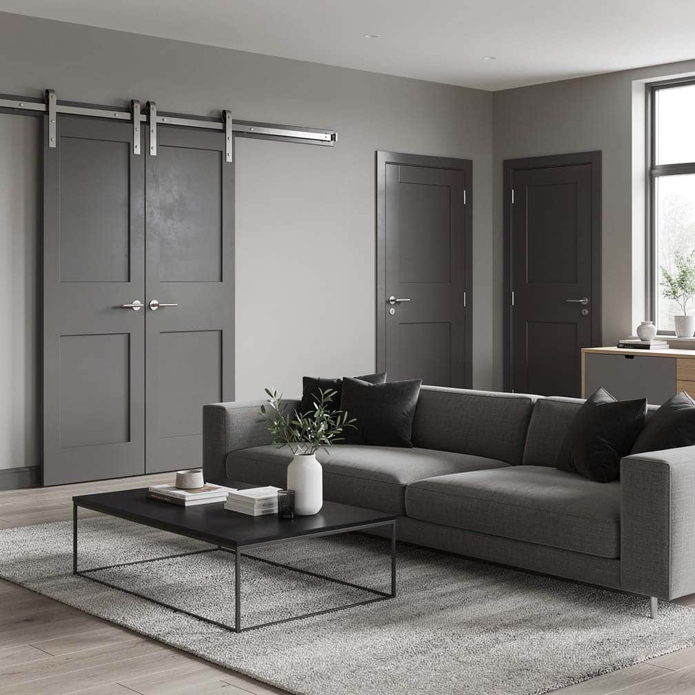 Gunmetal gray painted sliding doors blending with other doors in a contemporary living space for a low-key look
