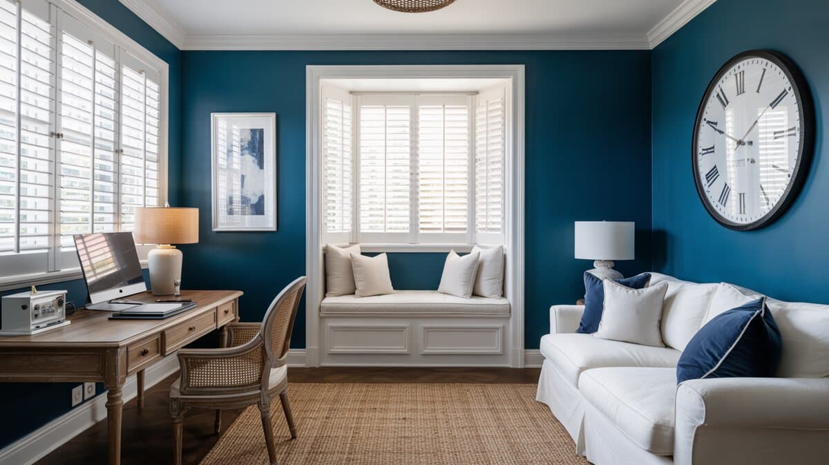 Home office window seat with dark teal walls, plantation shutters and built-in desk