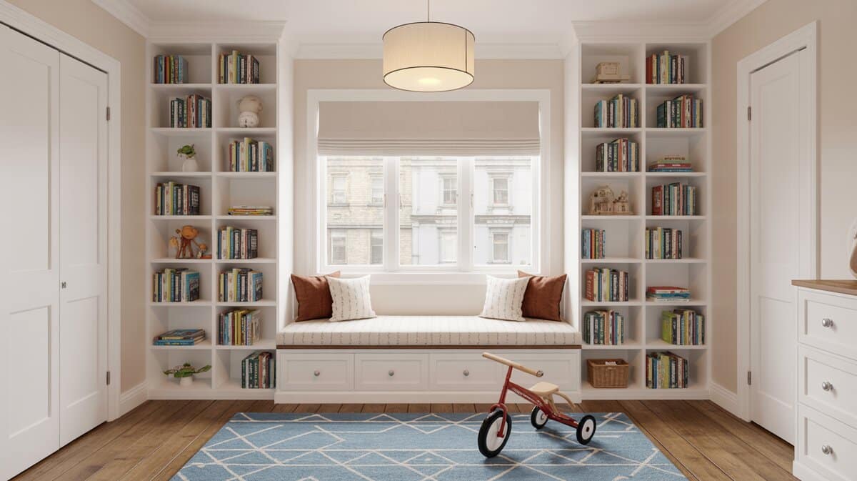 Kids library window seat nook with built-in bookshelves, white cushion and blue rug