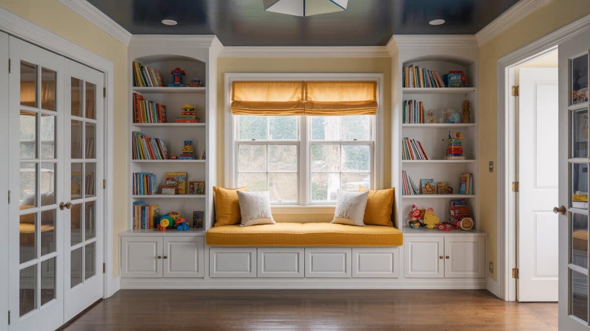 Kids playroom window seat with yellow cushion, bookshelves and French doors