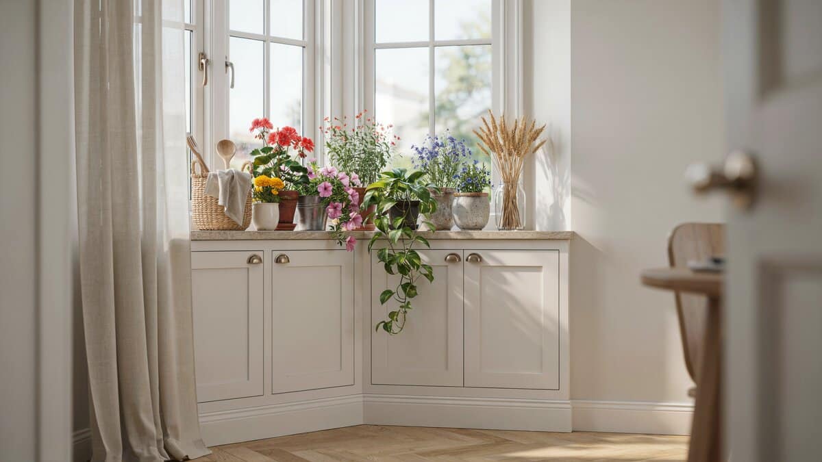 Bright colorful potted plants fill this sunny kitchen corner window sill