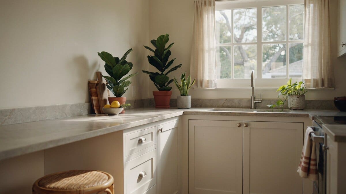 Simple decor and leafy green plants dress a kitchen corner window