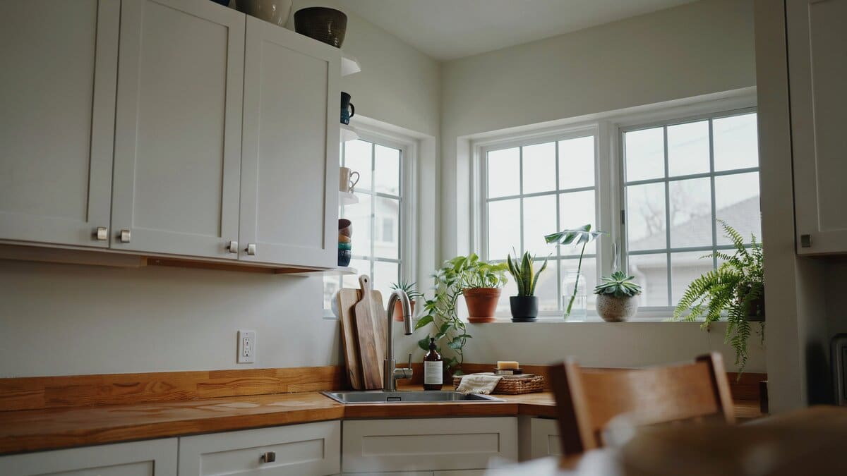 Assorted green potted plants line this bright kitchen corner window sill