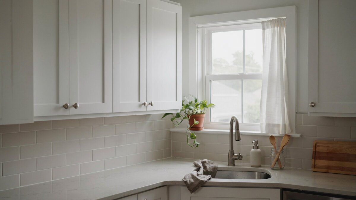 Small green potted plant rests on a corner window above the sink