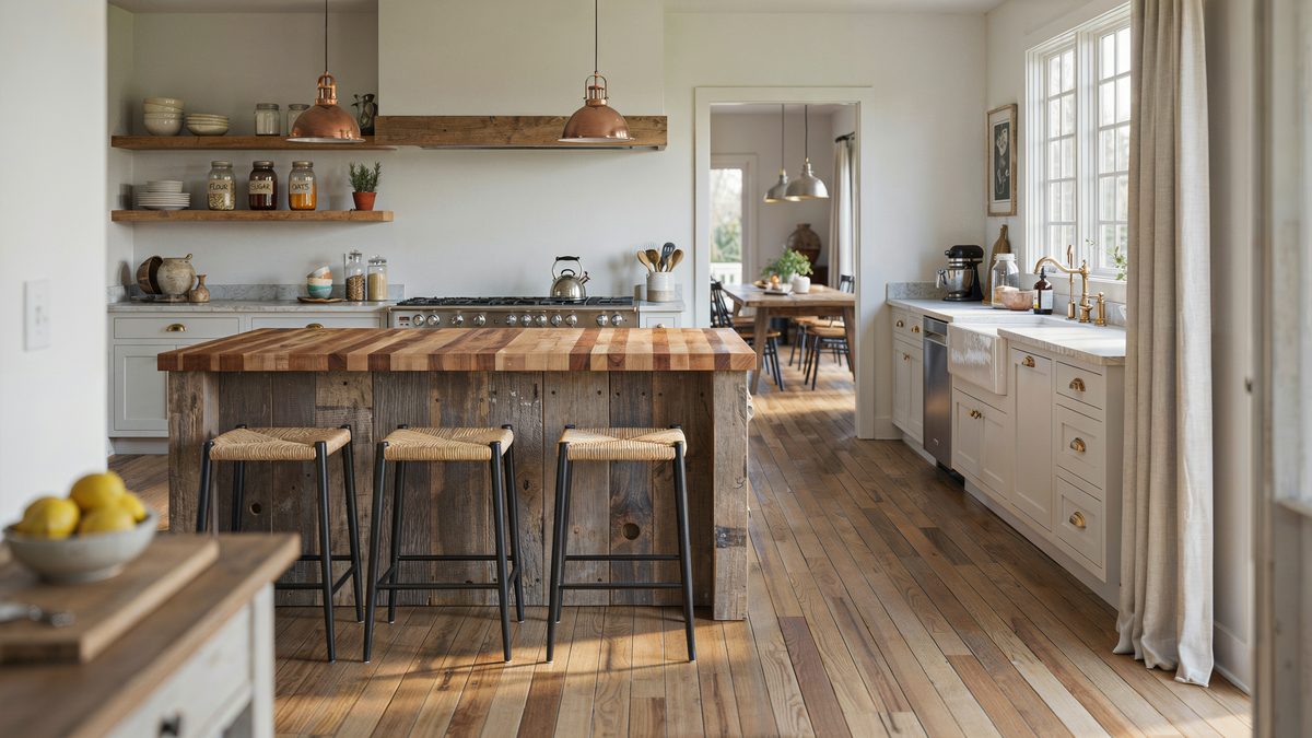 Long reclaimed wood island with woven stools and copper pendant lighting