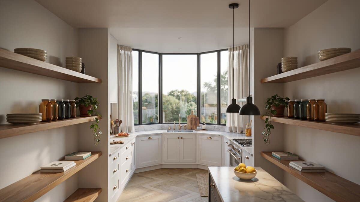 Open wood shelving and black pendant lights flank these white kitchen corner windows