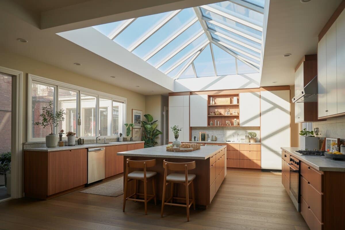 Wood and white kitchen filled with light from one large pyramid skylight