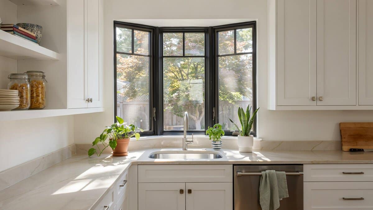 Black framed corner garden windows sit above a sink with small plants