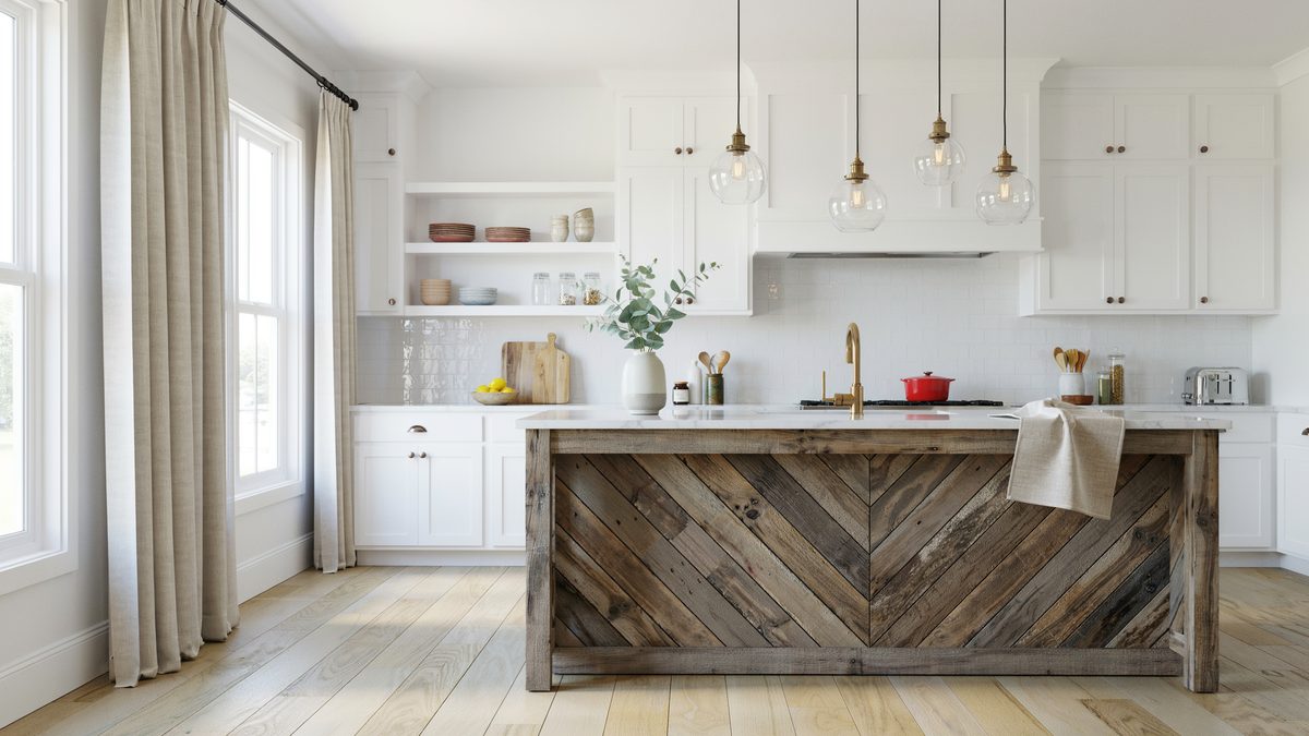 Chevron laid barn boards facing a slim island under glass globe pendants