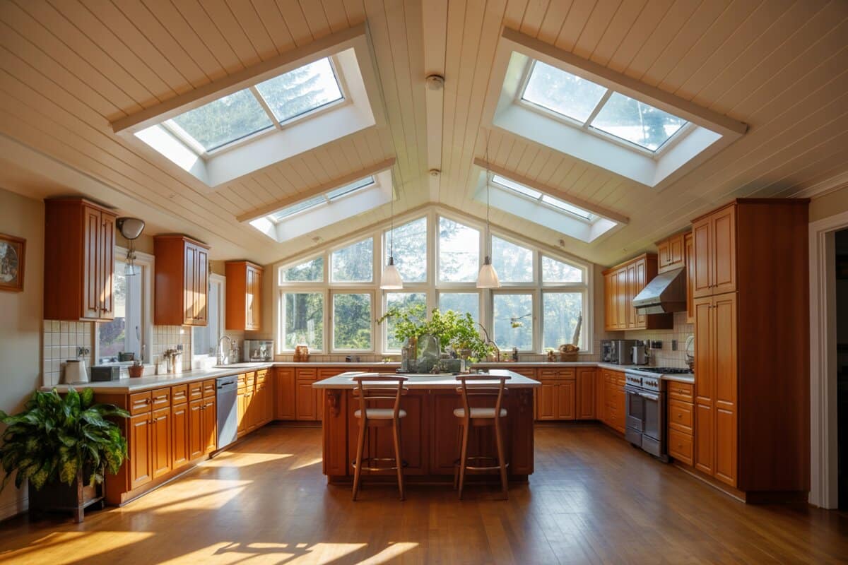Sunlit kitchen with vaulted wood ceiling, twin skylights, and warm wood cabinetry