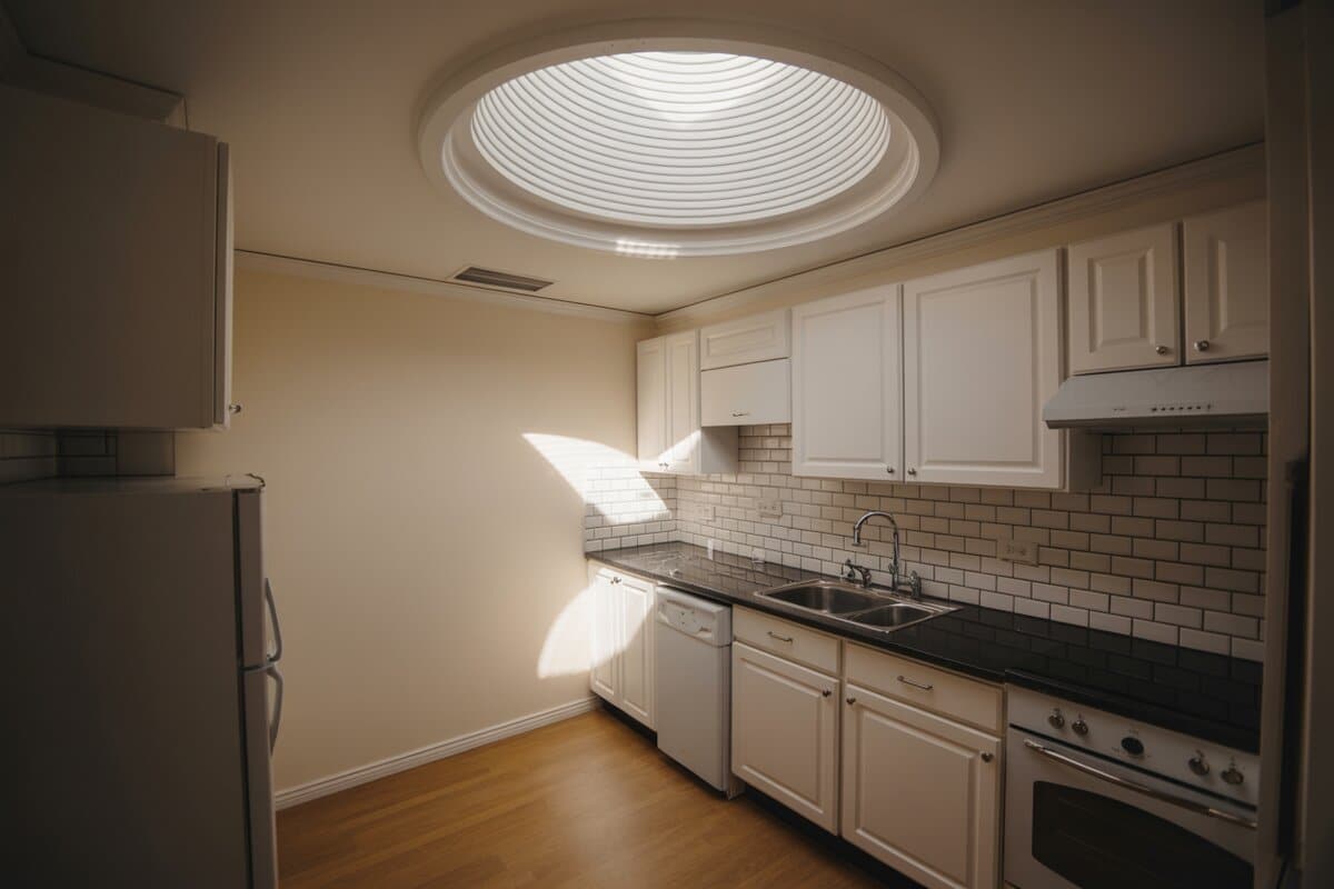 Compact white kitchen lit by a round tubular skylight over black countertops