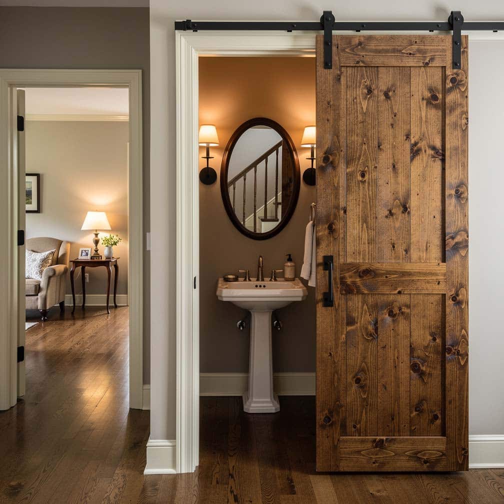 Knotty plank barn door concealing a small powder room under the stairs across from a seating area