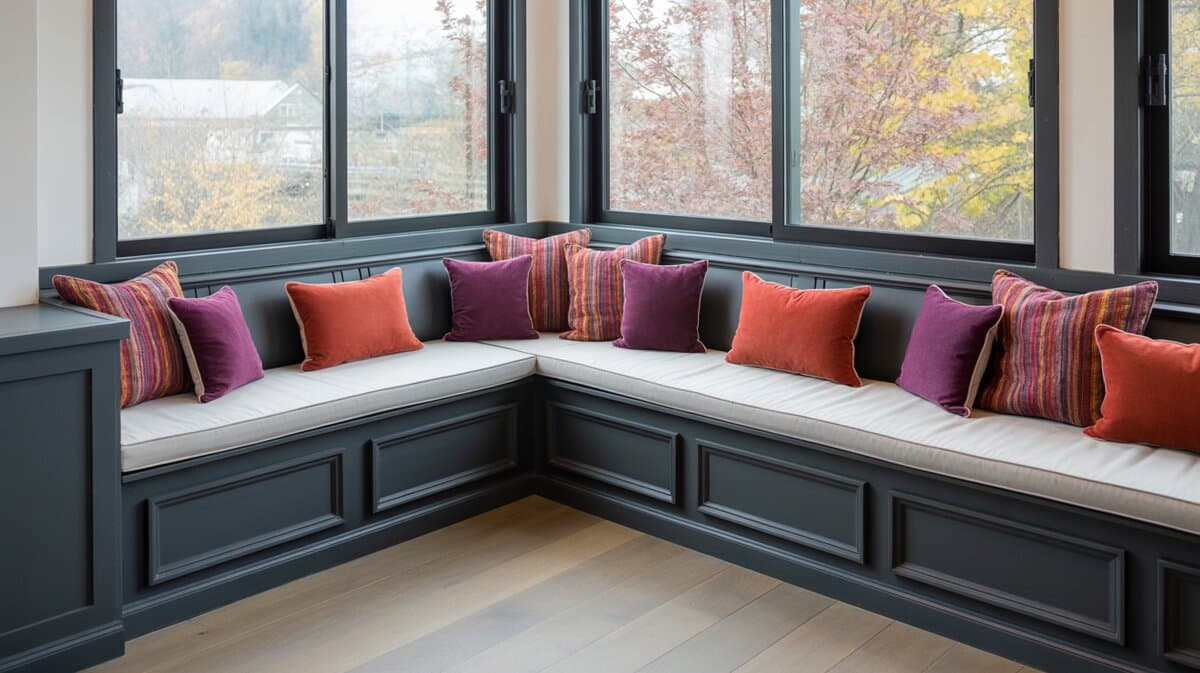 L-shaped gray banquette with white cushion and colorful pillows with autumn view