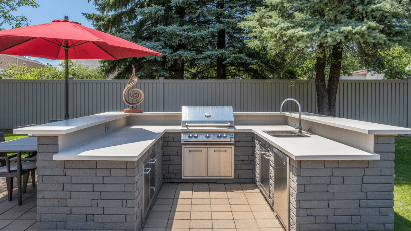 L-shaped outdoor kitchen with gray stacked stone walls and smooth concrete countertop