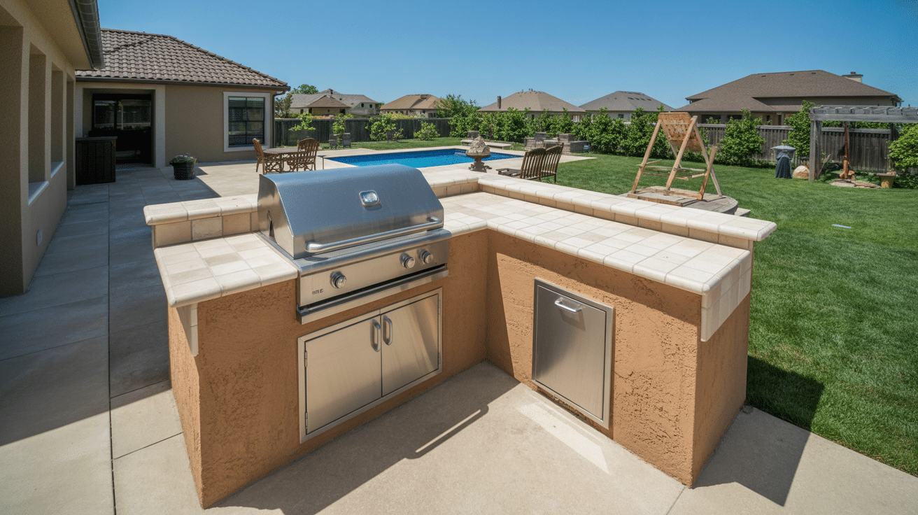 L-shaped outdoor design kitchen with travertine tile countertop overlooking a backyard pool