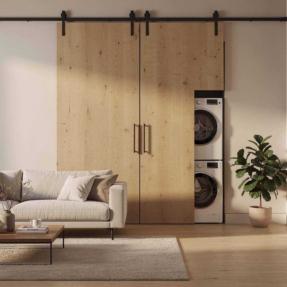 Large double sliding panels closed to conceal a washer and dryer laundry area in an open-plan living room