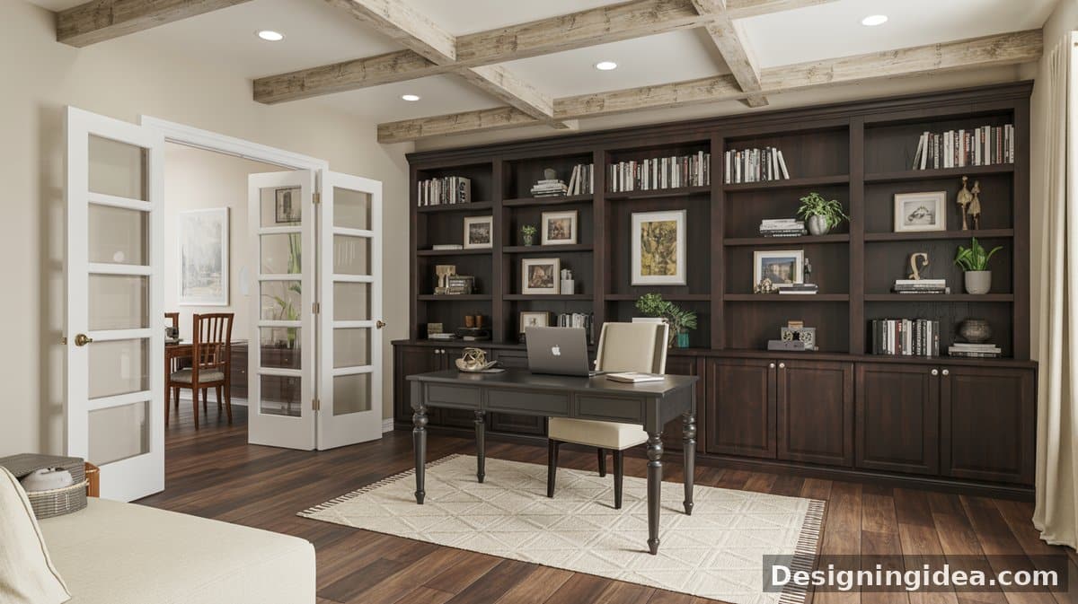 Dark espresso floor-to-ceiling bookcases surround a black turned-leg desk with a cream task chair, woven area rug, and French doors on dark hardwood floors.