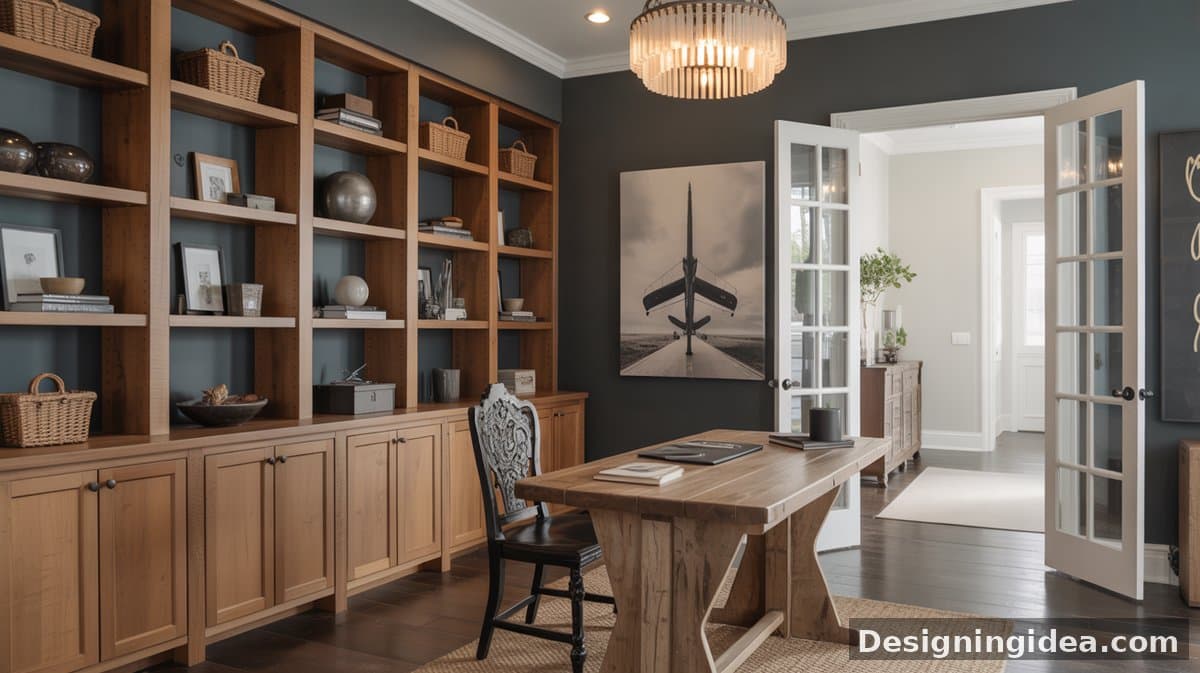 Light gray floor-to-ceiling open shelves with raised-panel lower cabinets and a printer nook on wide-plank gray hardwood floors.