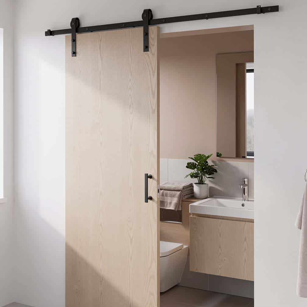 Light pine wood sliding panel on a small apartment bathroom door saving space with its track design