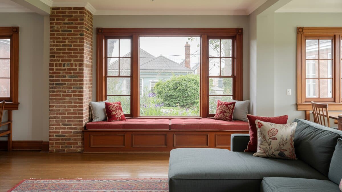 Living room picture window seat with red cushion, wood frame and brick fireplace