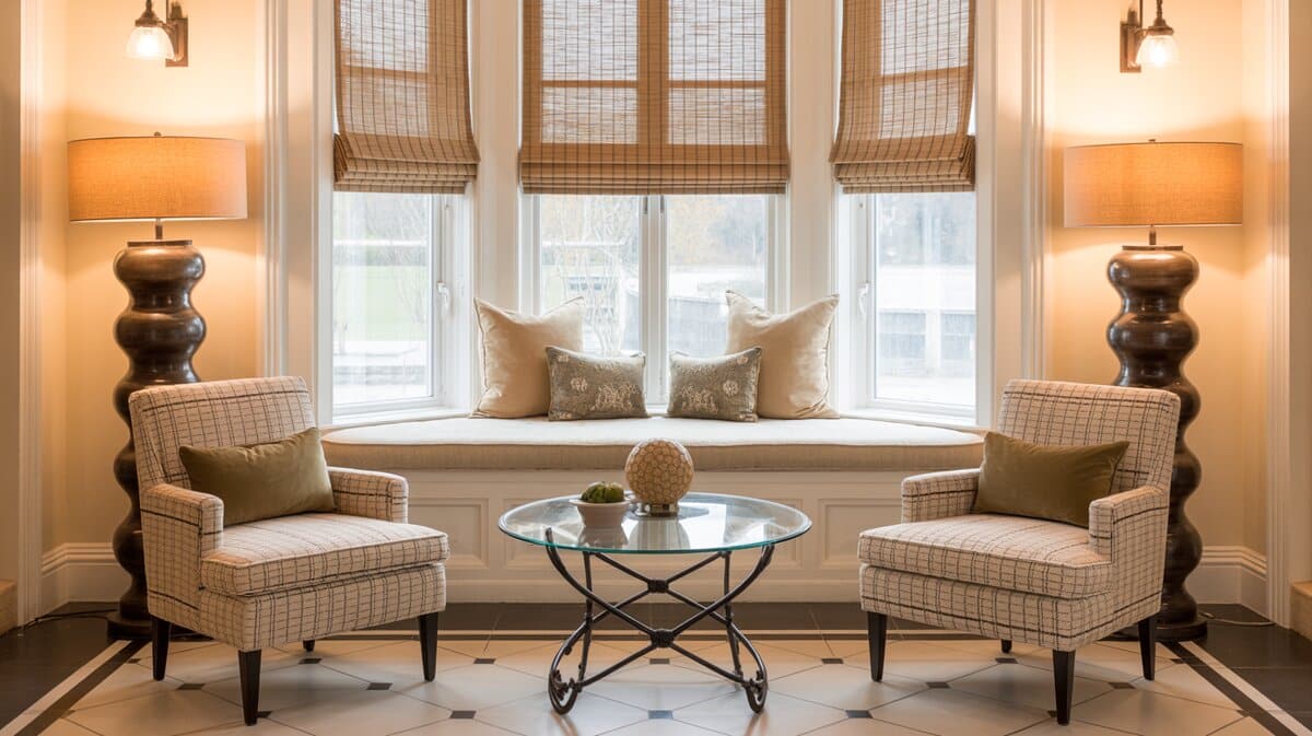 Living room window seat with cream bamboo shades and plaid arm chairs