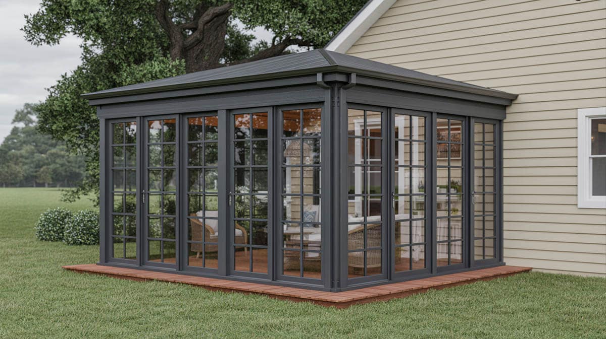 Dark charcoal aluminum glass sunroom with gabled roof attached to brick house amid fall foliage