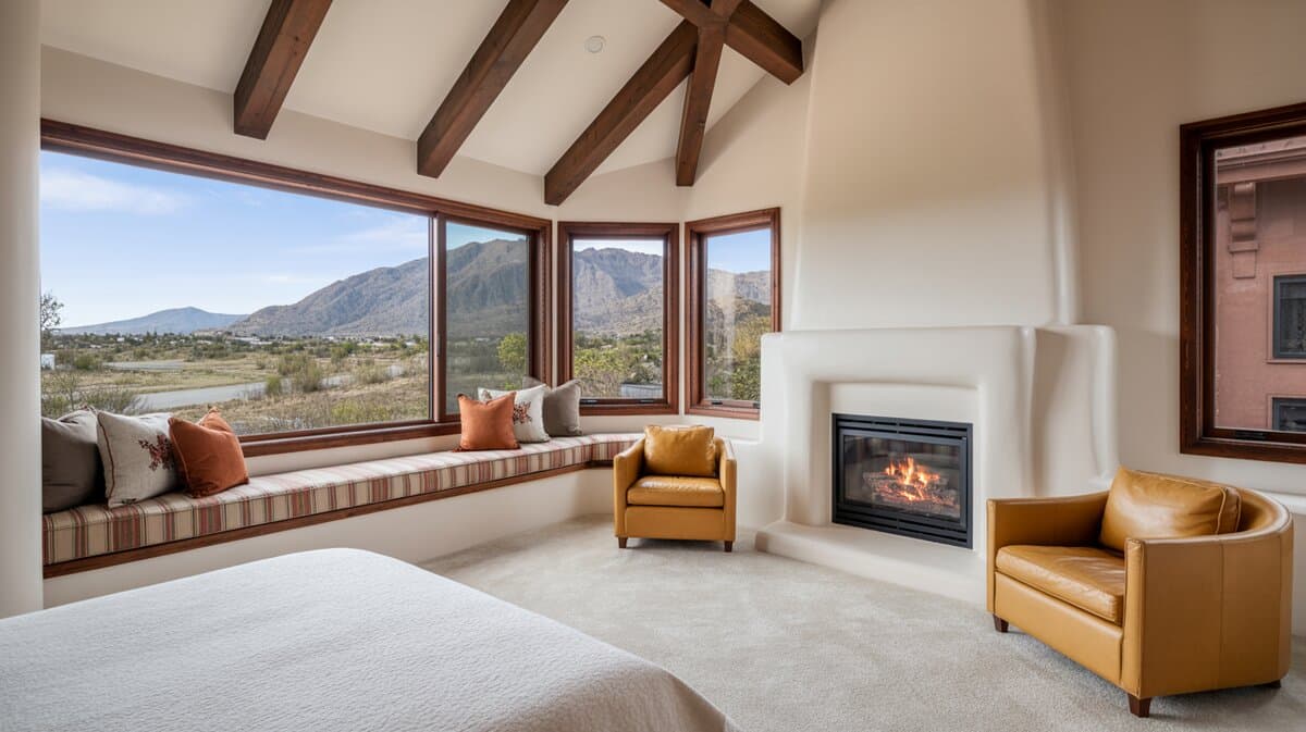 Luxury master bedroom window seat with mountain view, fireplace and exposed beams