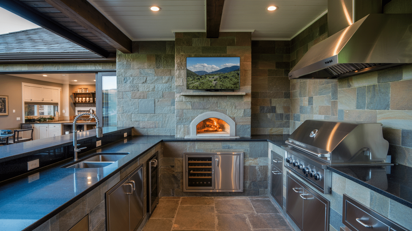 Luxury covered outdoor kitchen with dark granite counters and built-in pizza oven