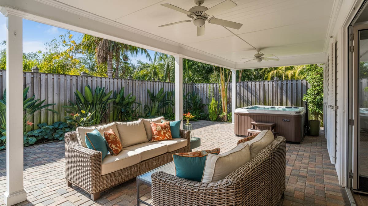 White covered patio with ceiling fan, wicker sofa set, orange and teal accent pillows, and tropical garden