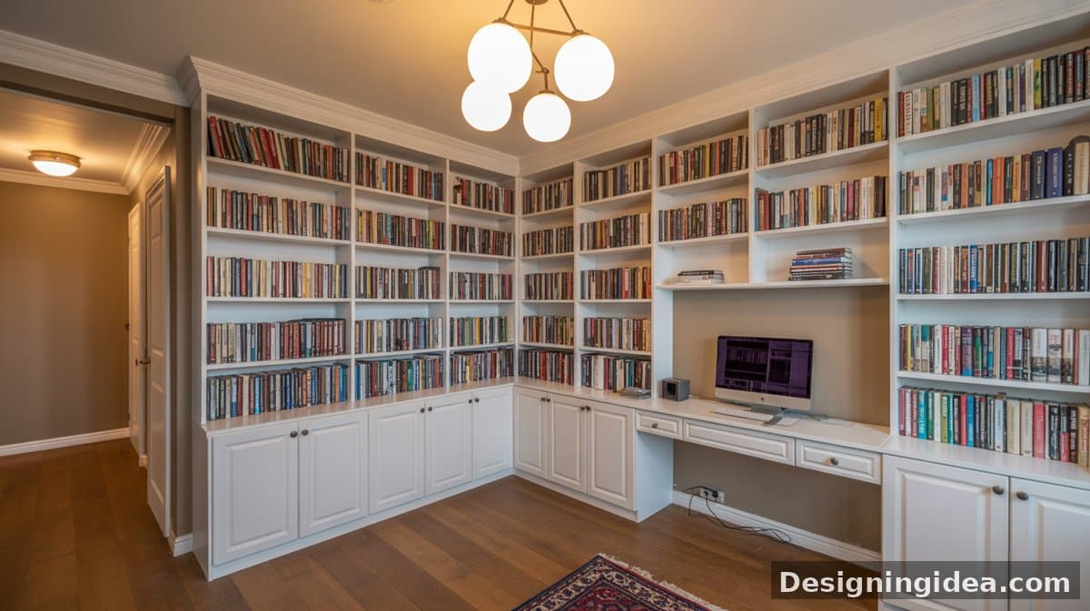 White corner wraparound shelves packed with colorful books surround a built-in desk with a computer monitor, lit by a mid-century globe pendant chandelier.