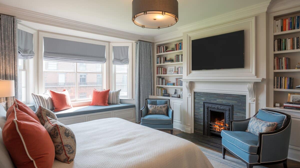 Master bedroom gray window seat with coral pillows, fireplace and drum pendant