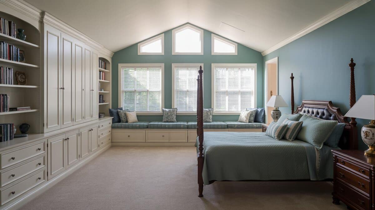 Master bedroom long white cabinet bench with built-in shelving